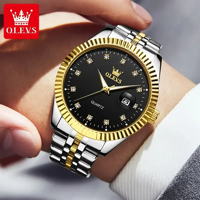 Olevs Black Dial with Elegant Silver-Gold Finish Men's Watch- 5526